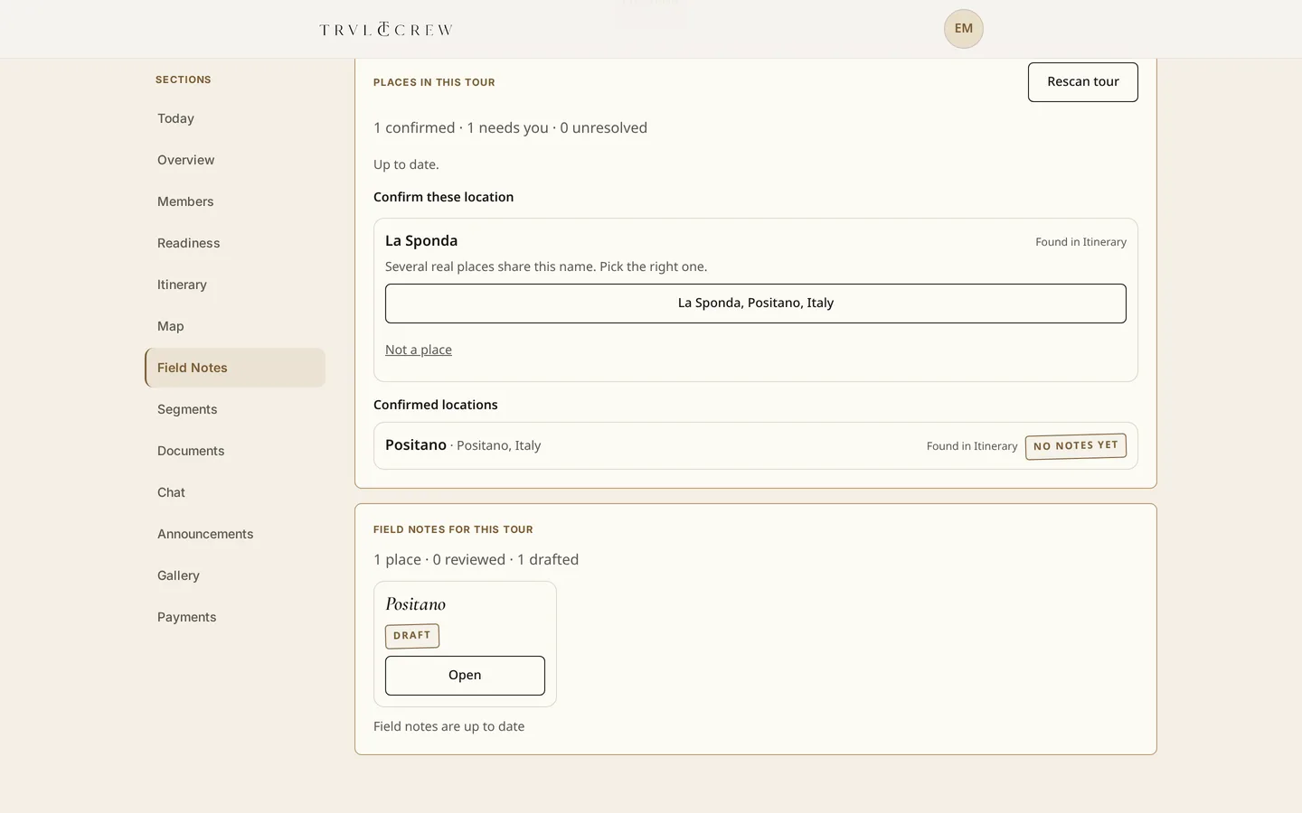 Field Notes section listing places found in the tour: one location awaiting confirmation with a suggested match, one confirmed location, and a generated destination note card marked draft.