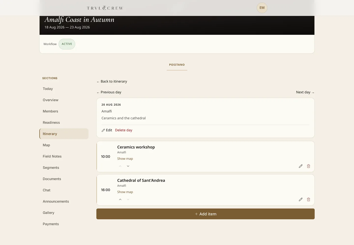 Itinerary section listing tour days with an expanded day showing two timed activities, their locations and edit controls.