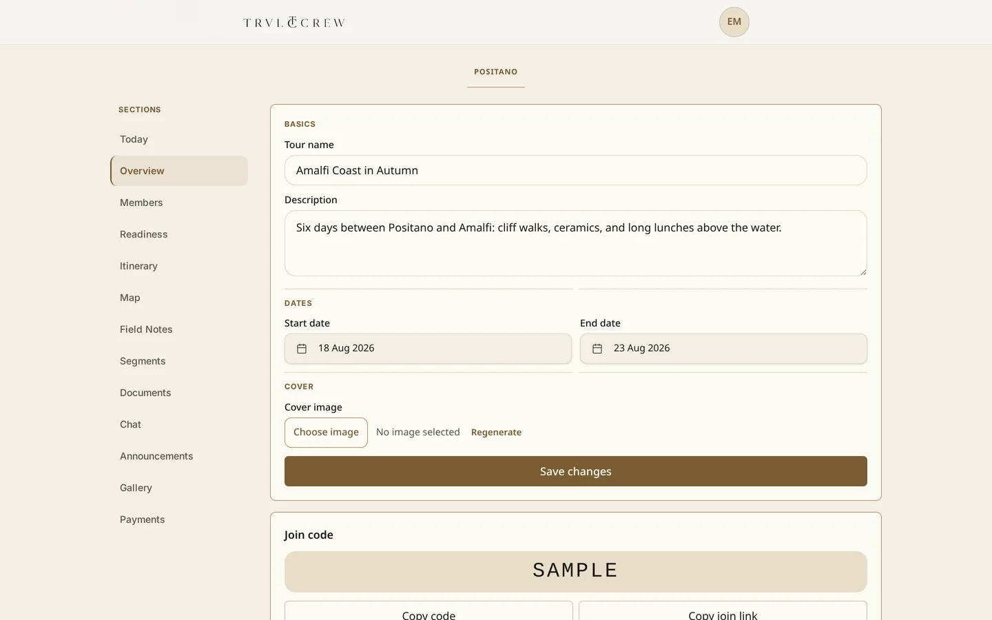 Tour workspace on the Overview section with a cover image, workflow status, a left-hand section list, and editable tour name, description and travel dates.