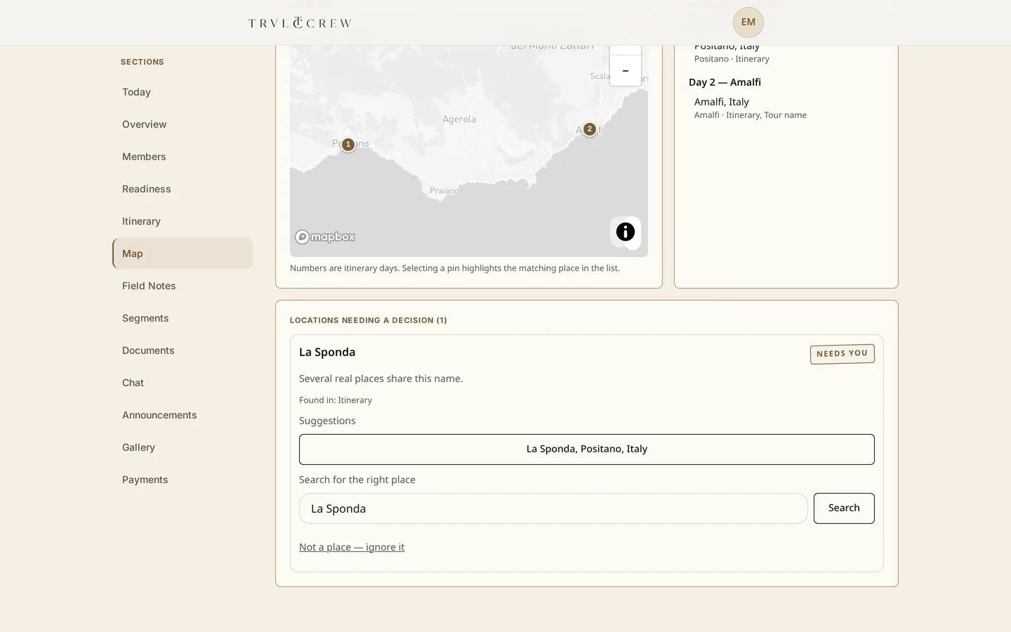 Tour map panel showing a Mapbox map of the Amalfi coastline with numbered pins, Mapbox attribution, and a locations-in-order list grouped by day.